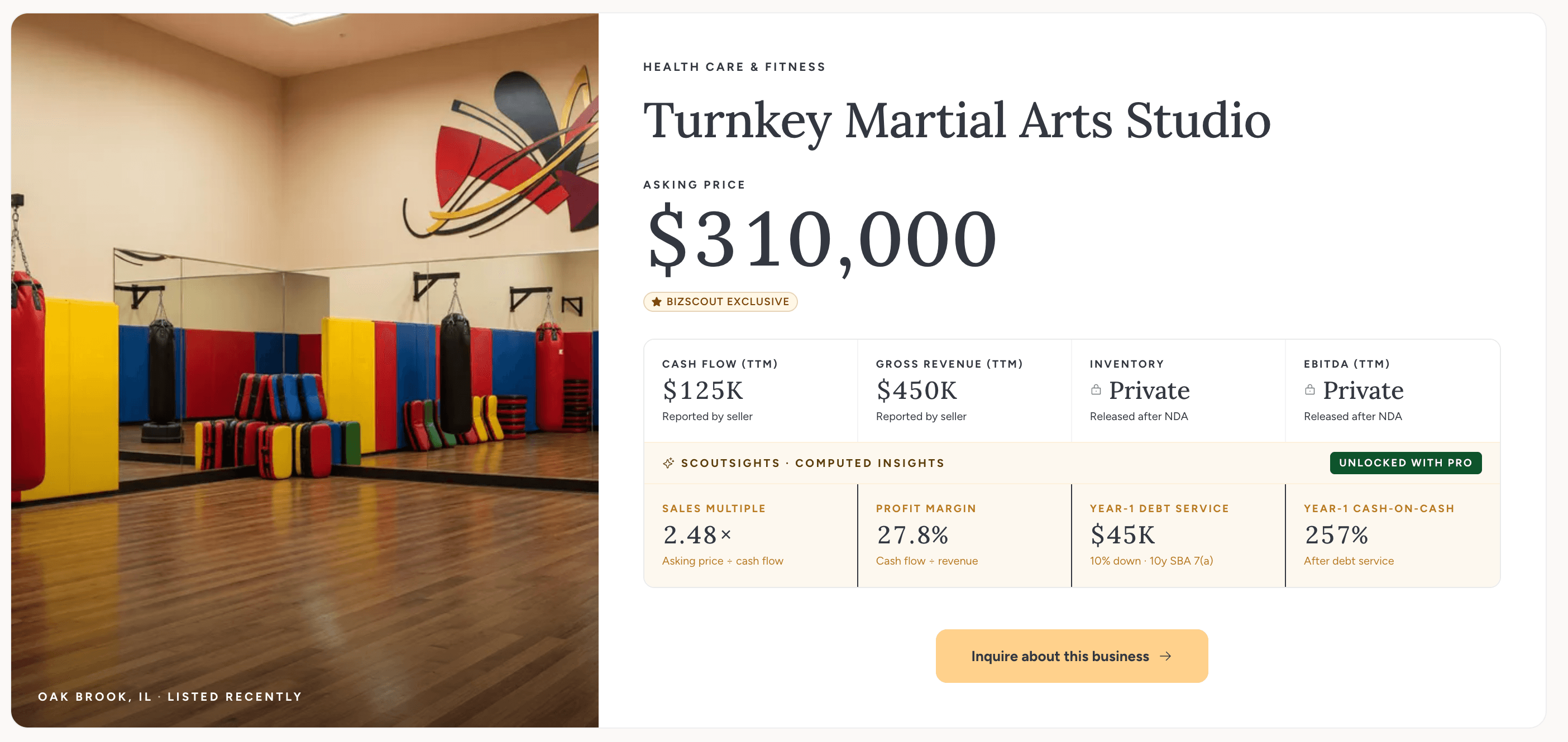 Exclusive BizScout listing: Turnkey Martial Arts Studio in Oak Brook, IL