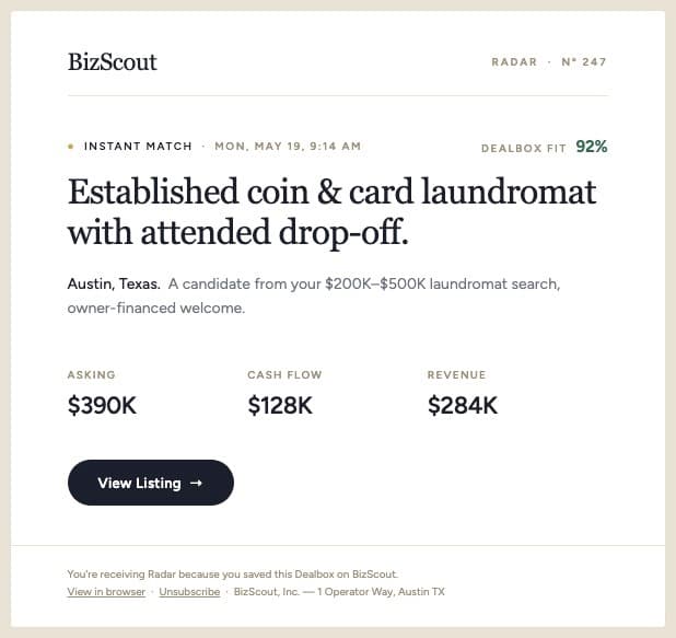 BizScout Radar email alert: Established coin and card laundromat in Austin, Texas, 92% dealbox fit